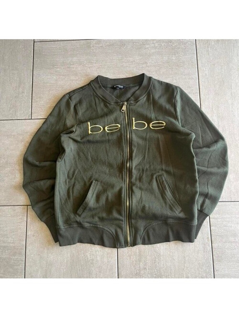 Bebe Sport Womens Olive Green Zip Up Bomber Sweatshirt Gold Logo Size M